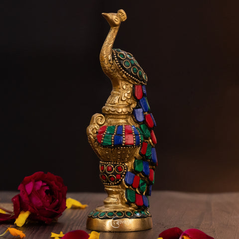 Brass Multicoloured Stone Peacock Decorative Showpiece