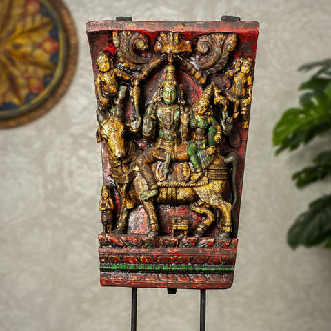 Wooden Shiva Parvathi with Nandi on Iron Stand (Multi-colour)