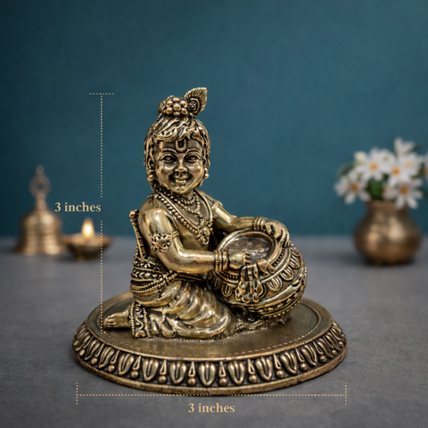 Bal Krishna Idol | Makhanchor Swaroop | Brass Superfine Finish | Home & Mandir Decor | 3 Inches