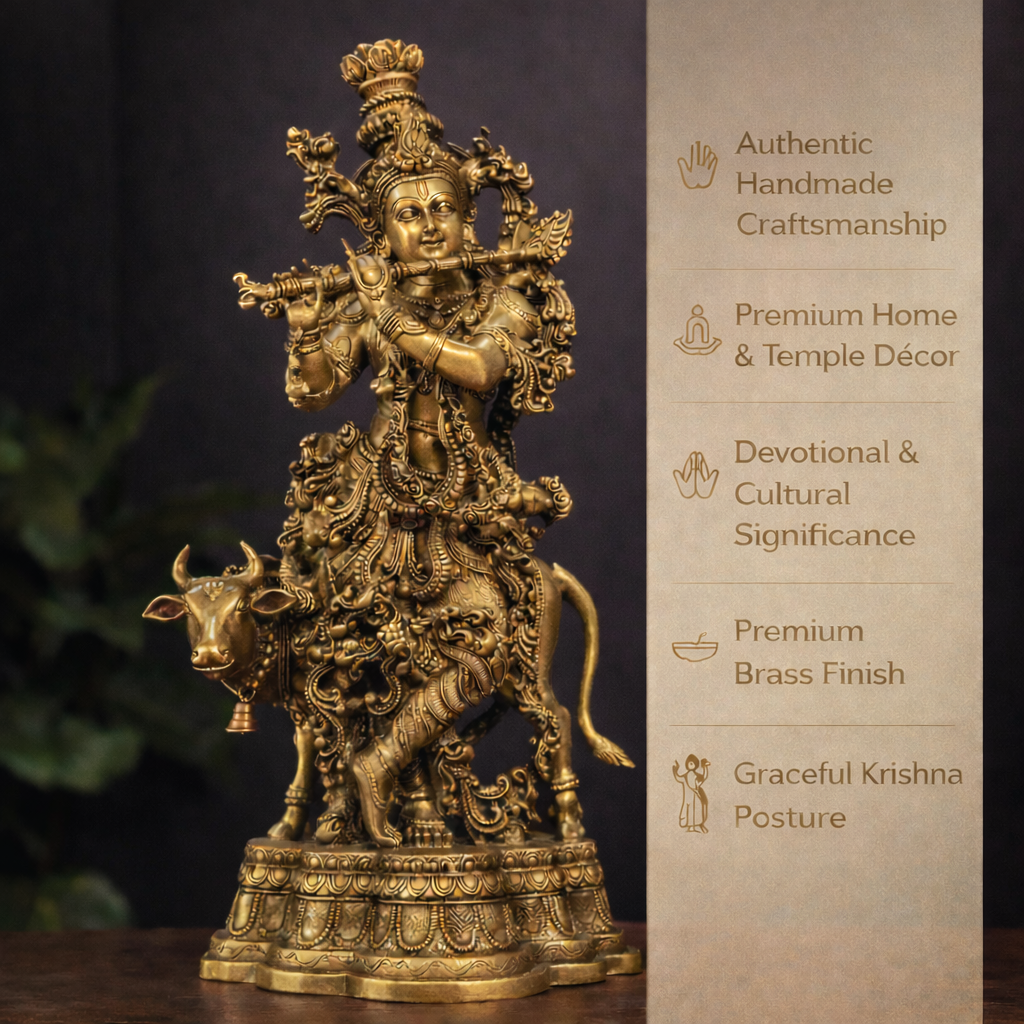 Lord Krishna with Cow Idol in Brass Finish for Temple & Decor | 27 Inch