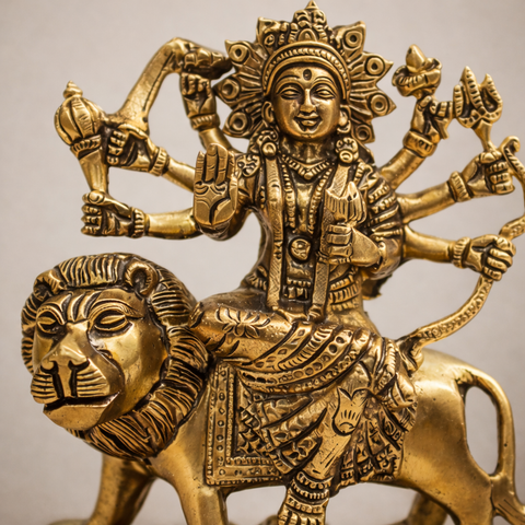Durga Mata Brass Murti with Lion for Pooja Room | 7.5 Inches