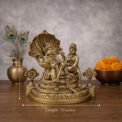 Shri Laxmi Narayan Idol on Sheshnaag in Brass Finish for Home Temple & Decor | 8.8 Inch