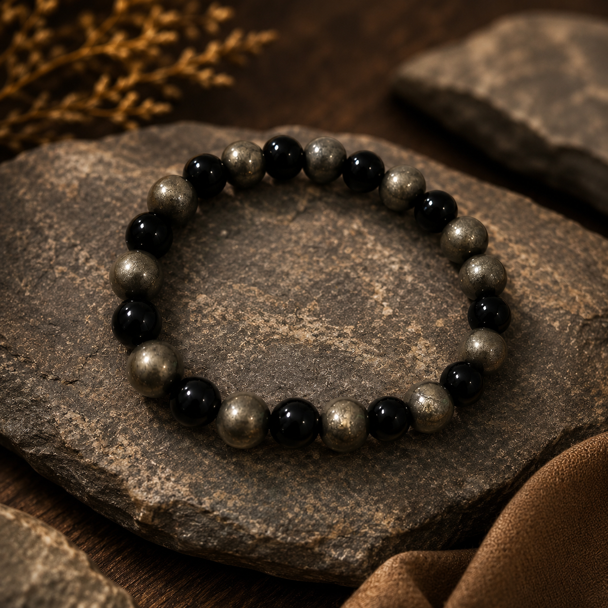 Natural Pyrite & Onyx Bracelet for Wealth, Protection & Confidence