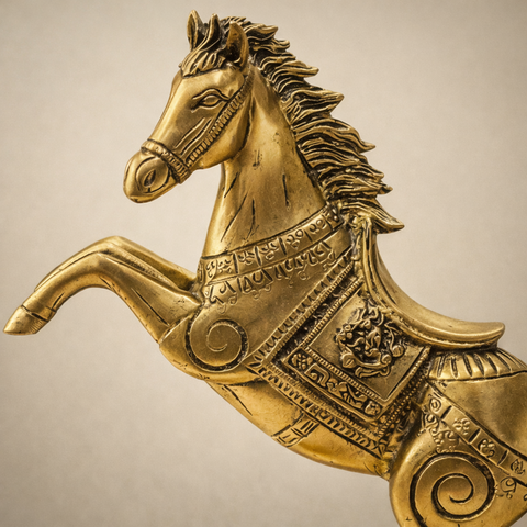 Horse with Raised Legs Brass Statue for Vastu, Success Symbol Decor | 8.5 Inch