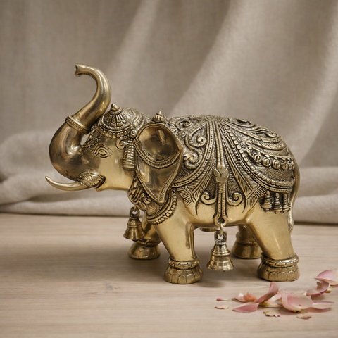Elephant Idol in Brass Finish for Decor & Gifting | 14 X 11.5 Inches