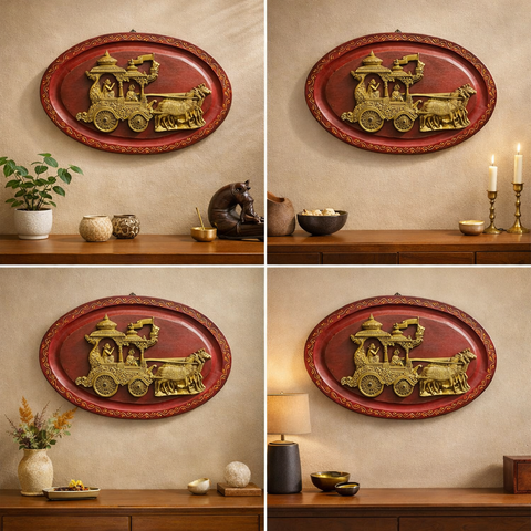 Mahabharata Krishna Arjuna Chariot Brass Wall Hanging with Wooden Base | 18 Inch