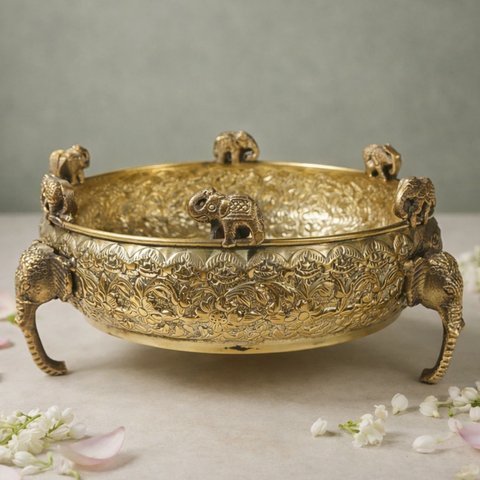 Elephant Face Urli | Brass Bowl for Decor & Gifting | Lightweight | Floral Detailing | 8 X 4 Inches