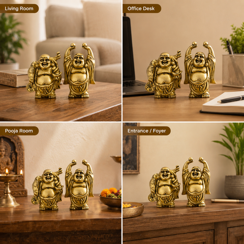 Brass Laughing Buddha Murti Pair for Prosperity & Positive Energy