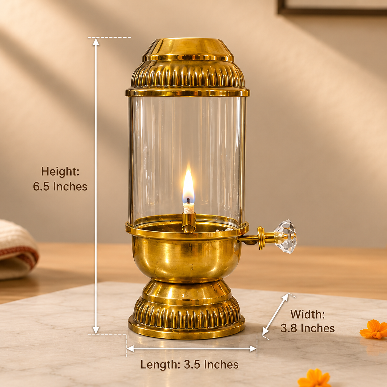 Elegant Brass Oil Akhand Jyot Diya With Adjustable Bati ( Small, 100 ml Capacity )