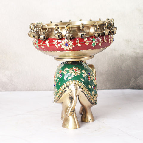 Brass Urli Bowl with Bells on Elephant  In Mosaic Work
