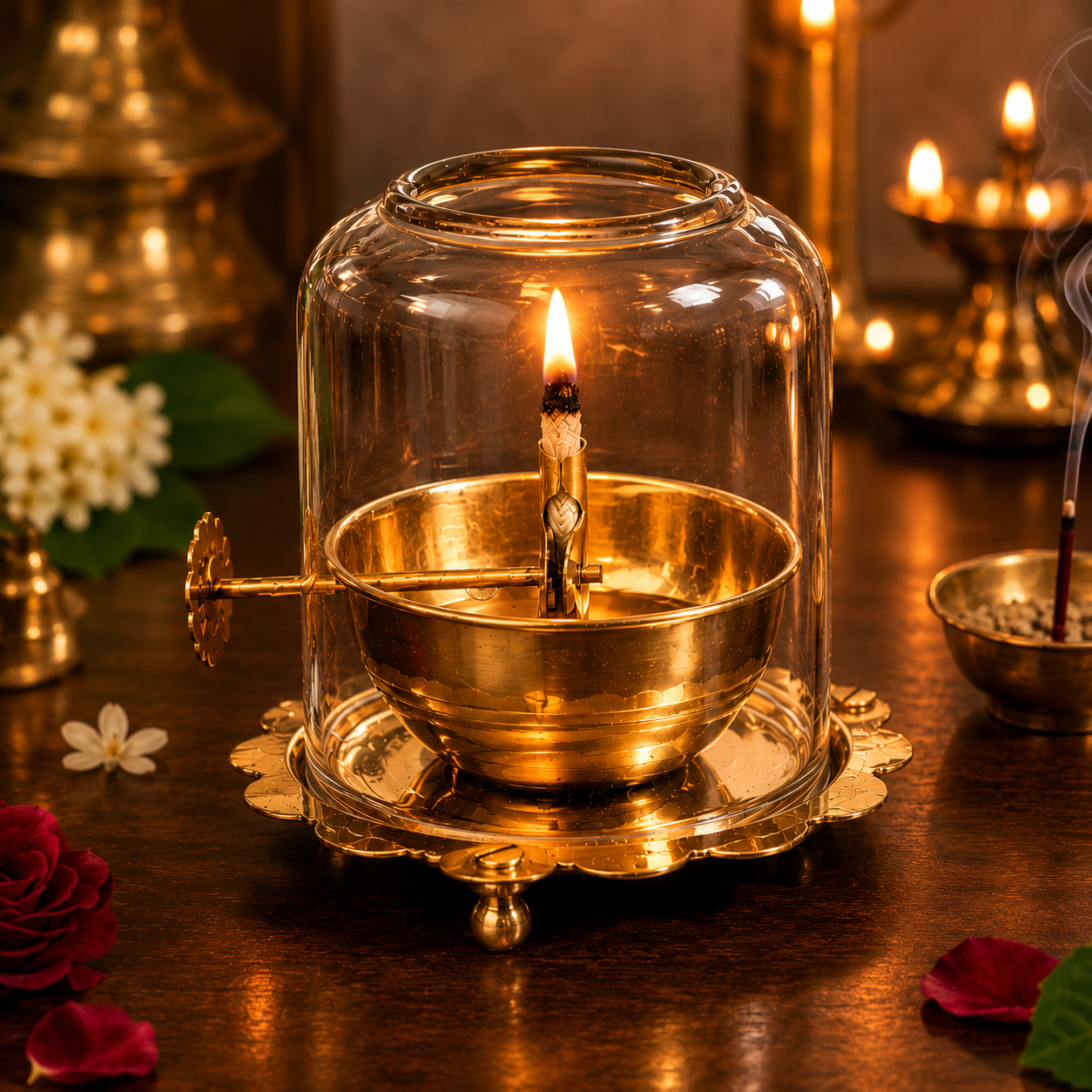 Brass Akhand Jyot Diya With Adjustable Bati Knob(Medium| 150 ML)