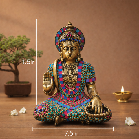 Hanuman's Abhaya Mudra Murti in Brass with Stonework | 11.5 inches