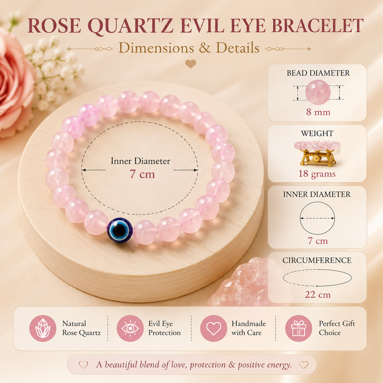 Natural Rose Quartz with Evil Eye Bracelet for Love, Protection & Emotional Peace