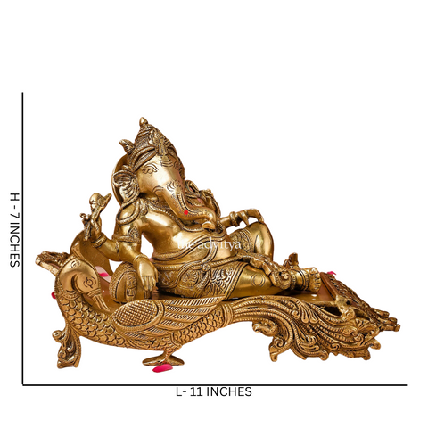 dimension view of 7-inch Brass Ganesha Idol resting on a peacock couch