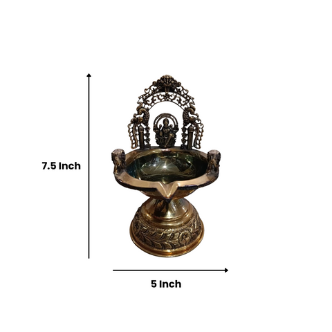 Traditional Superfine Brass Oil Diya with Goddess Lakshmi – Antique Finish Decorative Pooja Lamp  ( 7.5 Inch, Large )