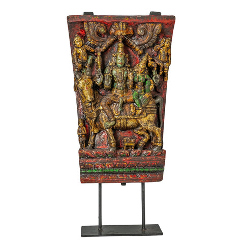 Wooden Shiva Parvathi with Nandi on Iron Stand (Multi-colour)