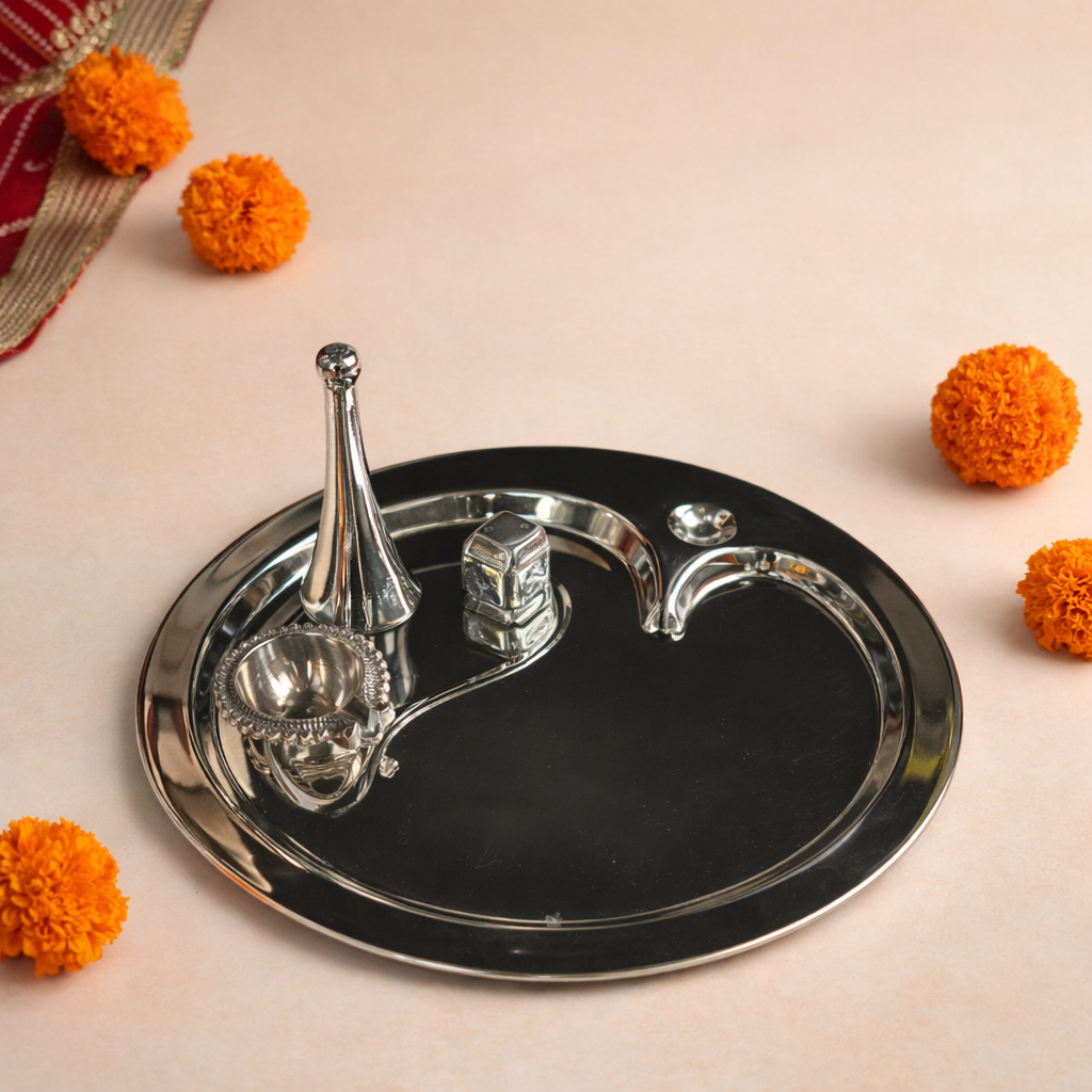 Pooja Thali Complete Set in Brass with Silver Finish – Includes Diya & Bell | 9 Inch