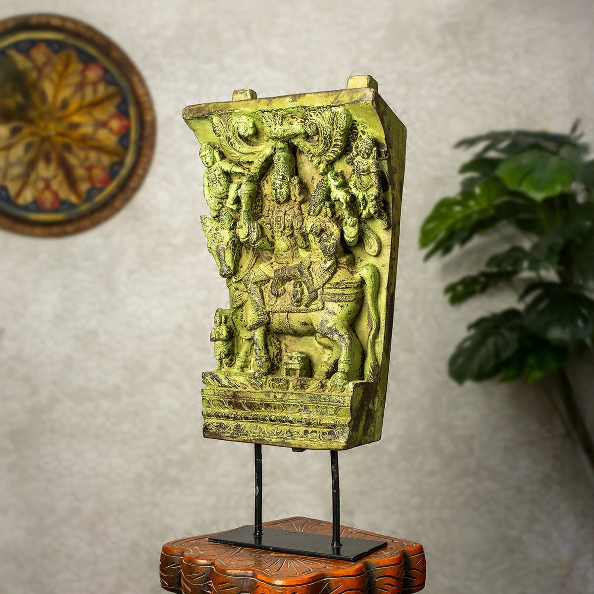 Wooden Shiva Parvathi with Nandi on Iron Stand (Lemon)