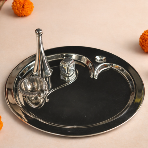 Pooja Thali Complete Set | Brass Material | Silver Finishing | Bell, Diya, Incense Holder | 9 Inch