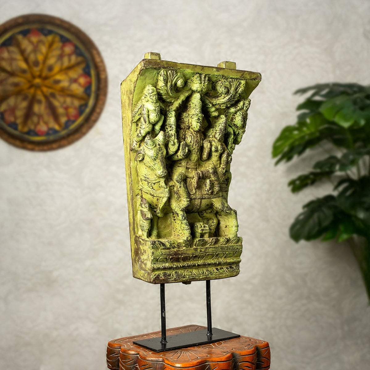 Wooden Shiva Parvathi with Nandi on Iron Stand (Lemon)
