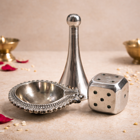 Pooja Thali Complete Set | Brass Material | Silver Finishing | Bell, Diya, Incense Holder | 9 Inch