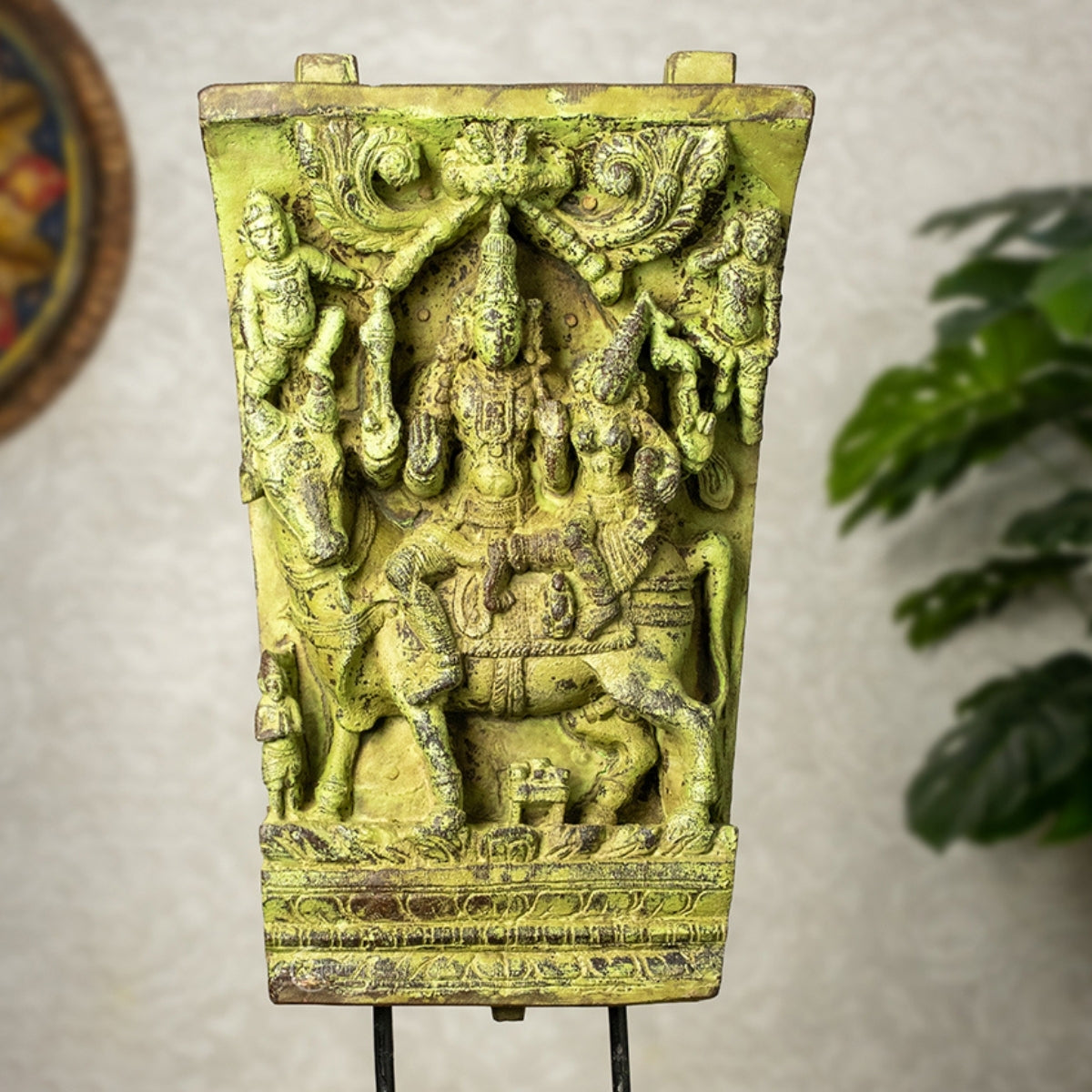 Wooden Shiva Parvathi with Nandi on Iron Stand (Lemon)