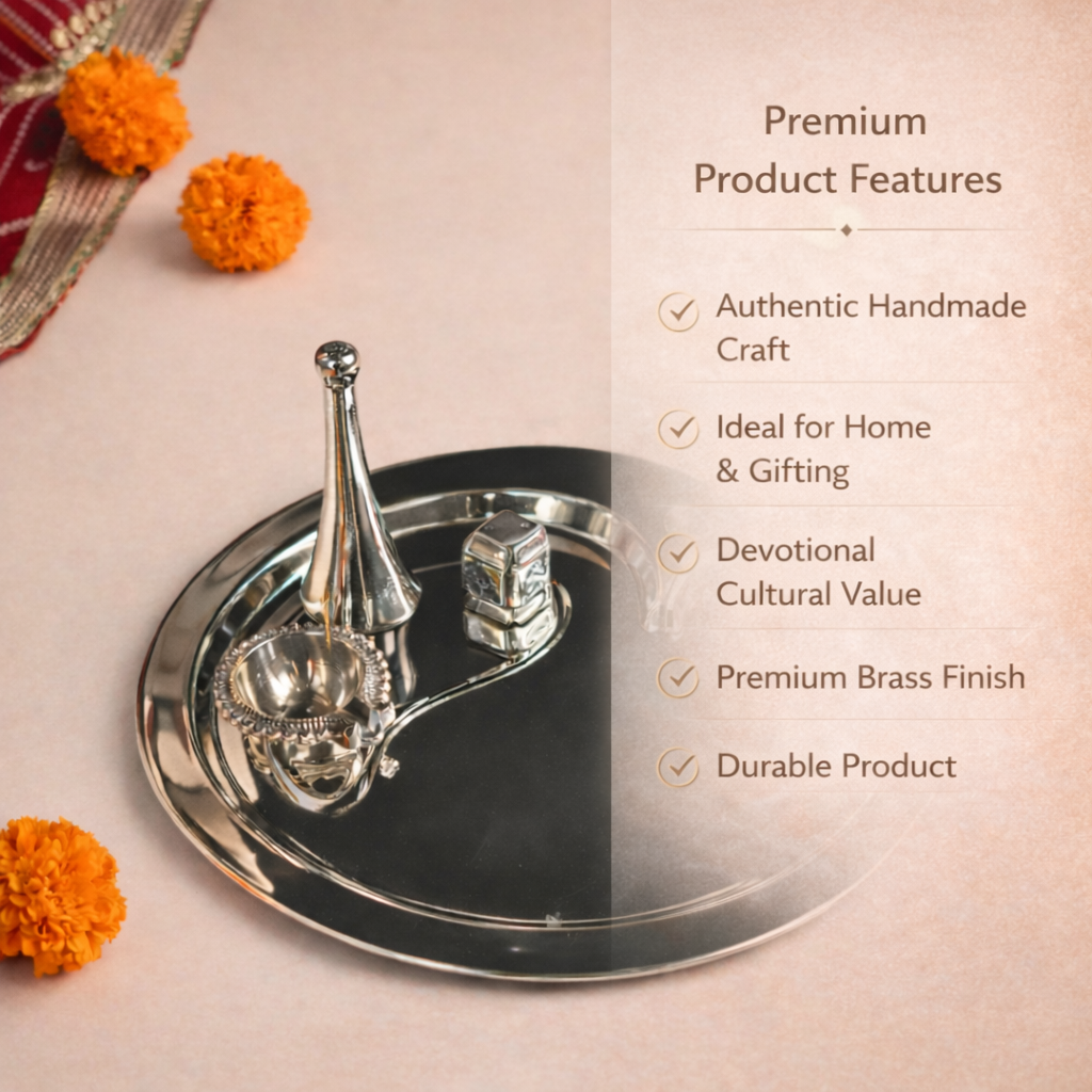 Pooja Thali Complete Set in Brass with Silver Finish – Includes Diya & Bell | 9 Inch