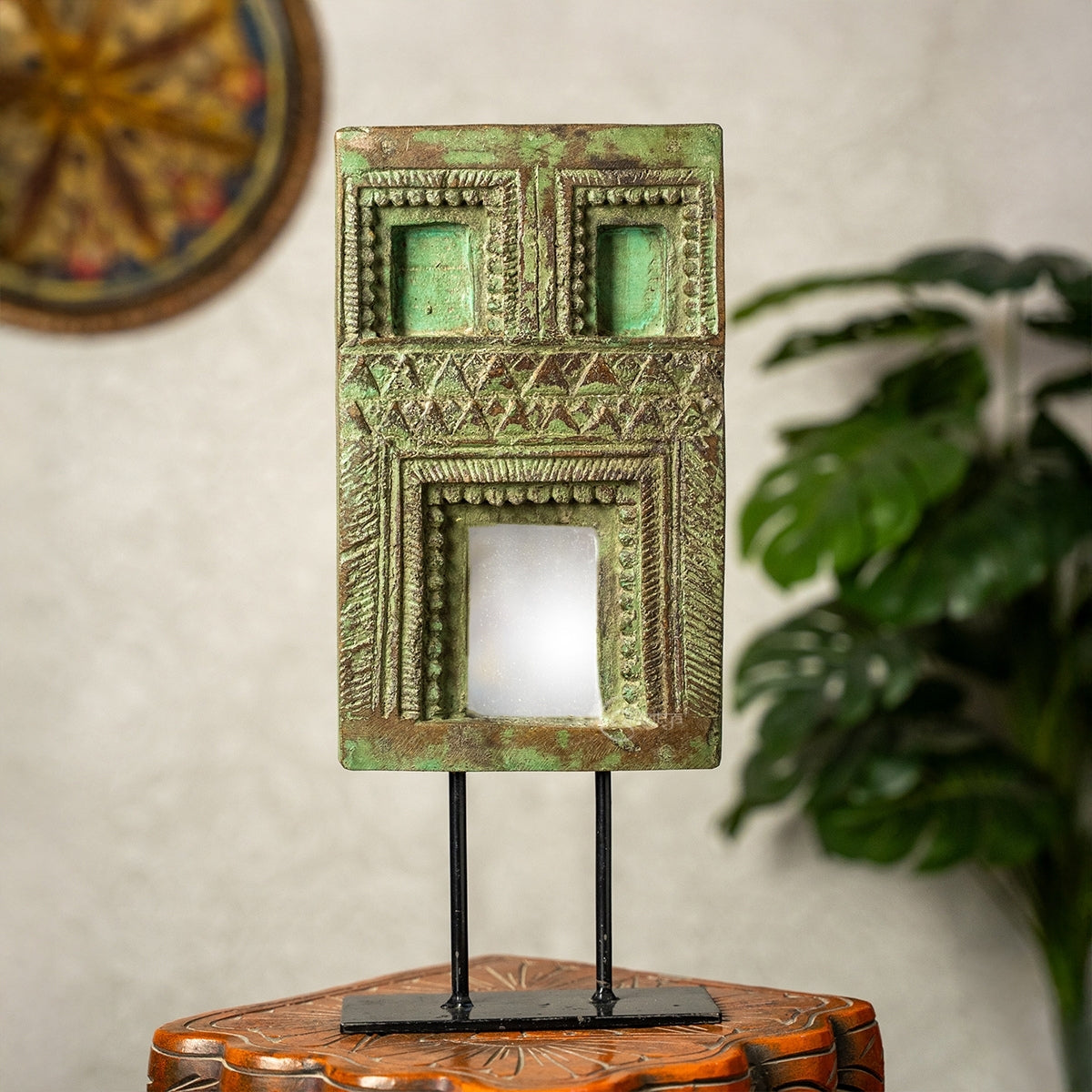 Wooden Mehrab Frame with Mirror - Jharokha on Iron Stand (Green)