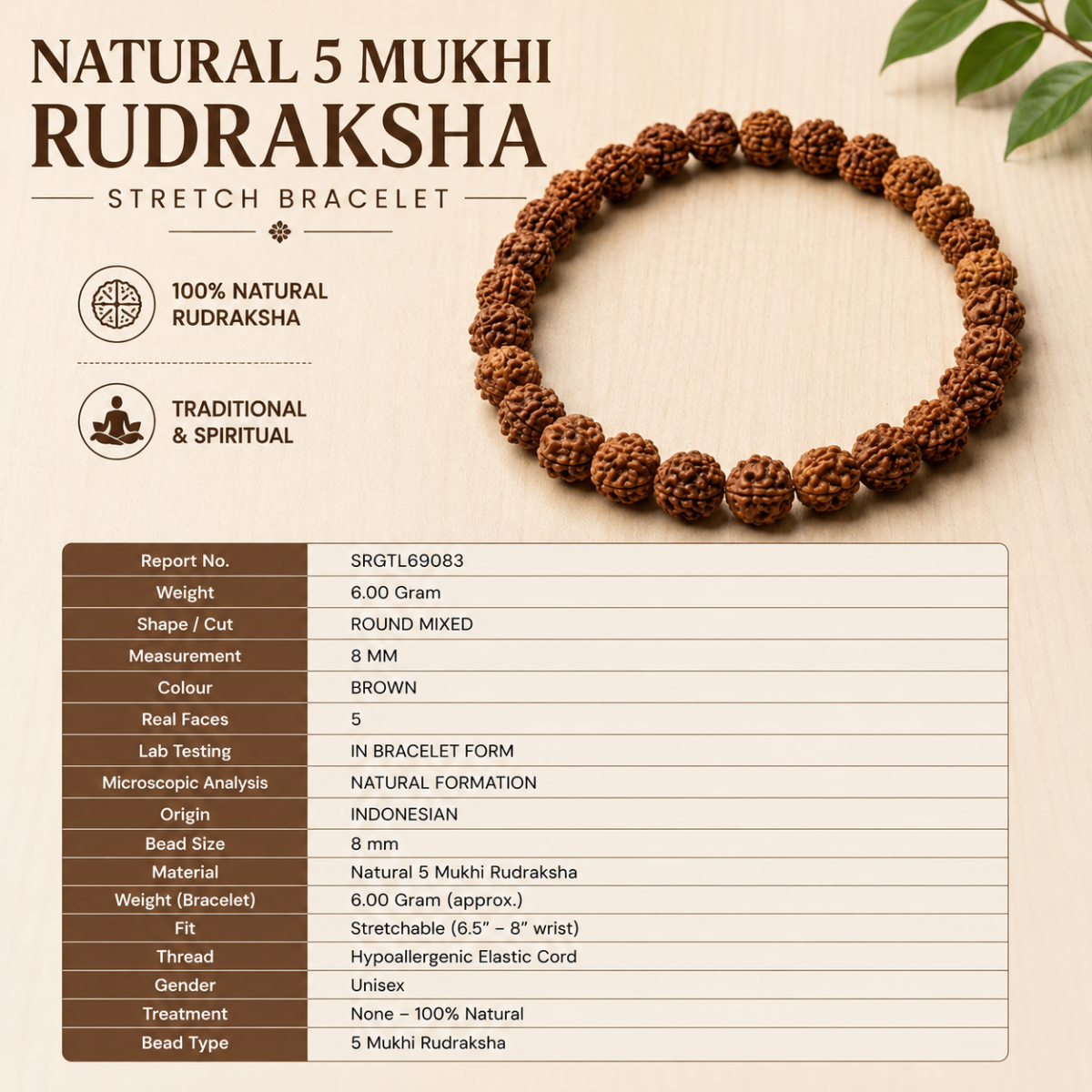 5 Mukhi Rudraksha Bracelet For Stability, with Goddess Mahalakshmi's Blessing