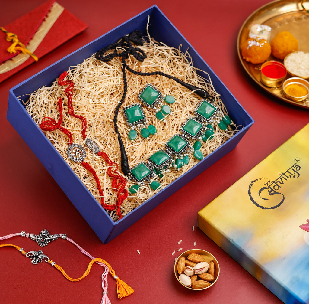 rakhi gifting,rakhi hamper,rakhi special colection,Pack of 2 Rakhi with Stone Necklace (Green, Pink, Neon Yellow, Brown)