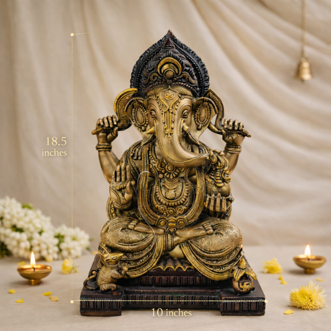 Lord Ganesha Murti | God of Good Beginning | Brass Statue | Mixed Finish | 18.5 Inches