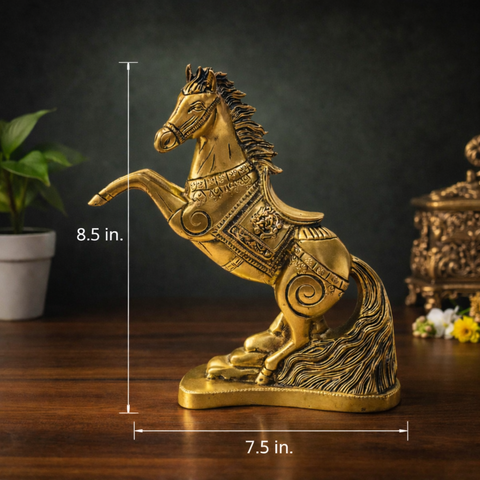 Horse with Raised Legs Brass Statue for Vastu, Success Symbol Decor | 8.5 Inch