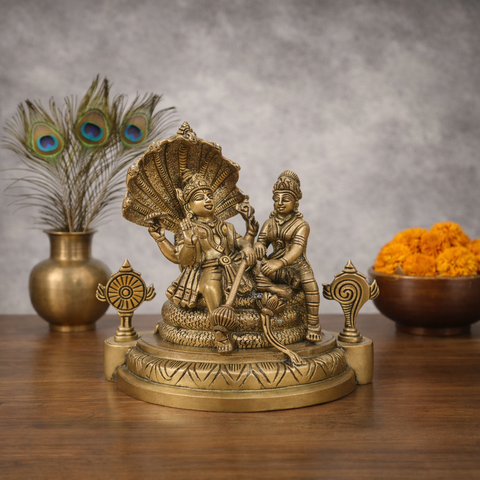 Shri Laxmi Narayan Idol on Sheshnaag in Brass Finish for Home Temple & Decor | 8.8 Inch