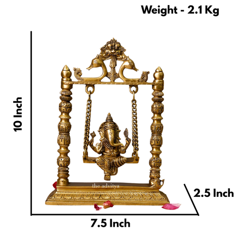 Brass Ganpati Idol Sitting on Jhula Swing for Mandir Décor (10 Inch)