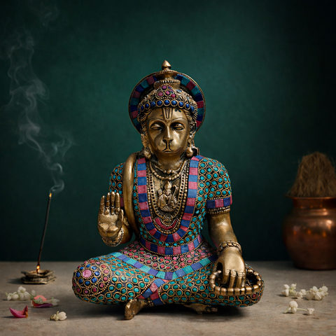 Hanuman's Abhaya Mudra Murti in Brass with Stonework | 11.5 inches