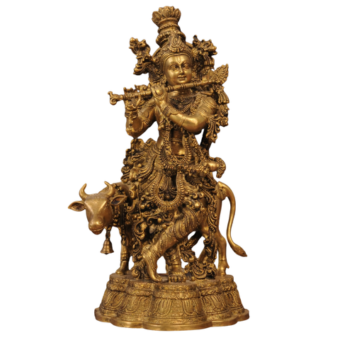 Lord Krishna with Cow Idol in Brass Finish for Temple & Decor | 27 Inches