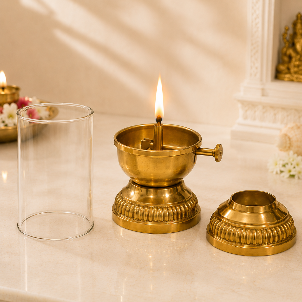 Elegant Brass Oil Akhand Jyot Diya With Adjustable Bati ( Large, 300 ml Capacity )