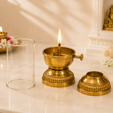 Elegant Brass Oil Akhand Jyot Diya With Adjustable Bati ( Large, 300 ml Capacity )