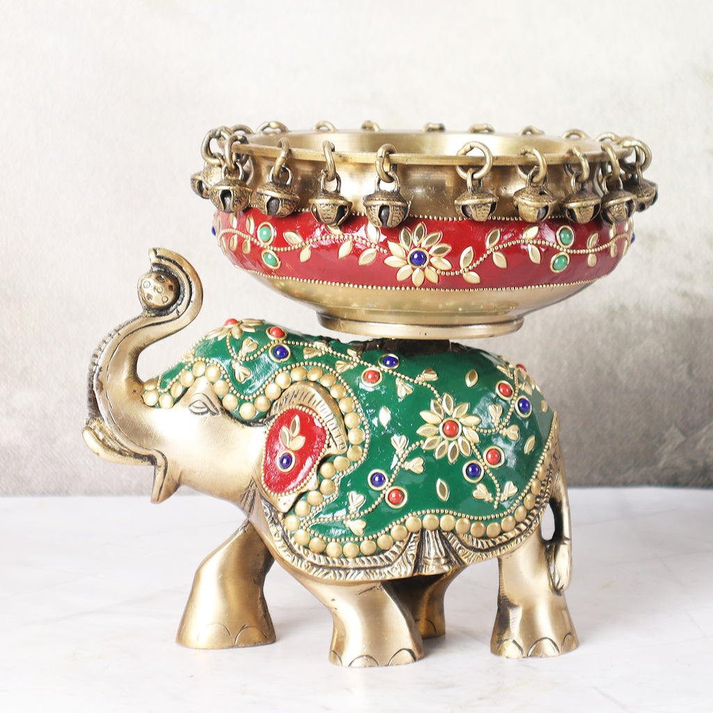Brass Urli Bowl with Bells on Elephant  In Mosaic Work