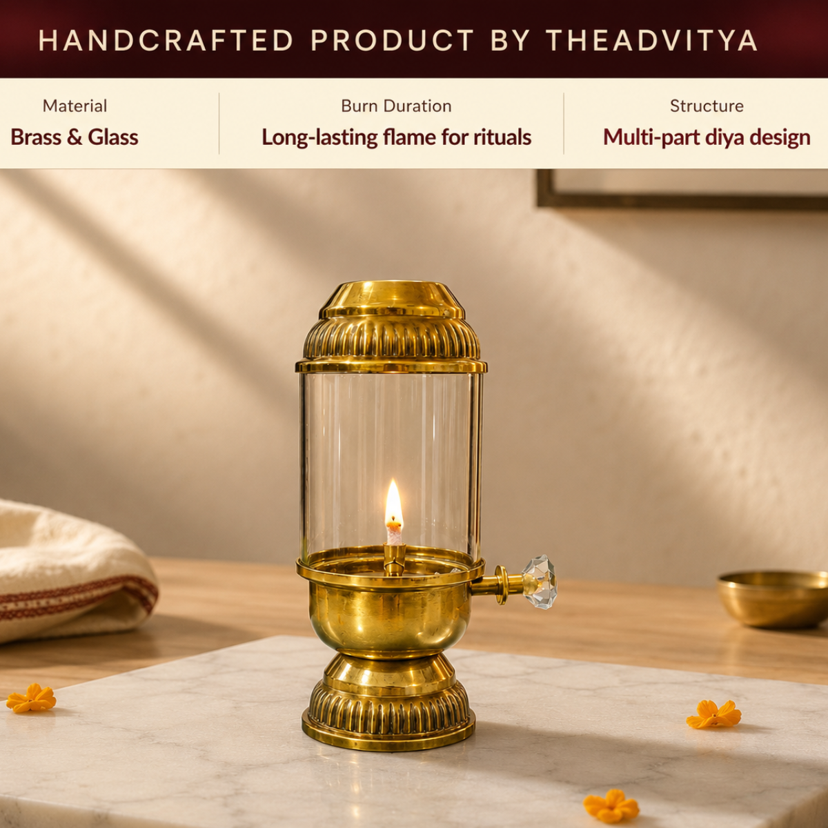 Elegant Brass Oil Akhand Jyot Diya With Adjustable Bati ( Small, 100 ml Capacity )