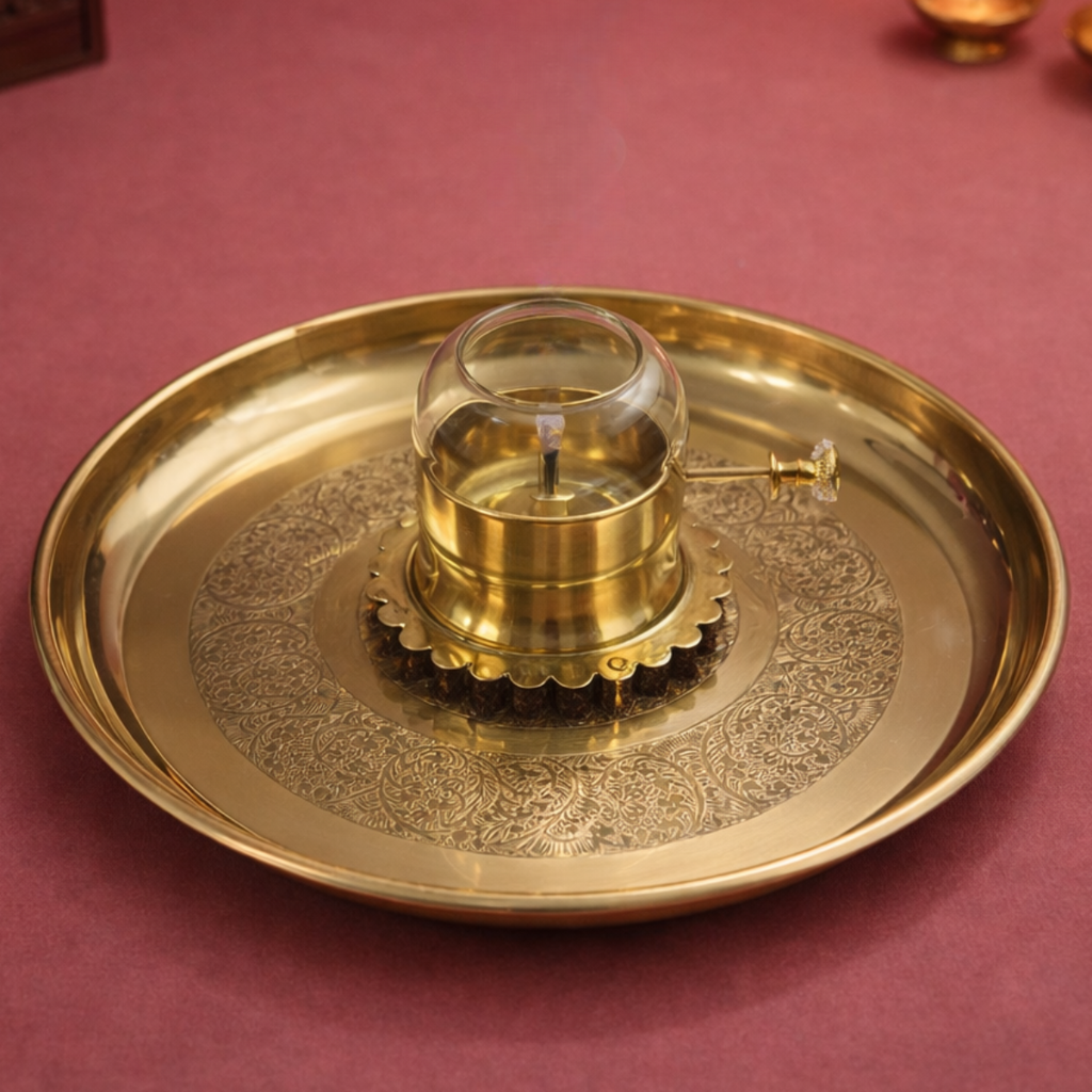 Pooja Thali With Akhand Diya | Brass Material | Golden | Pooja Essentials | 11.2 Inch