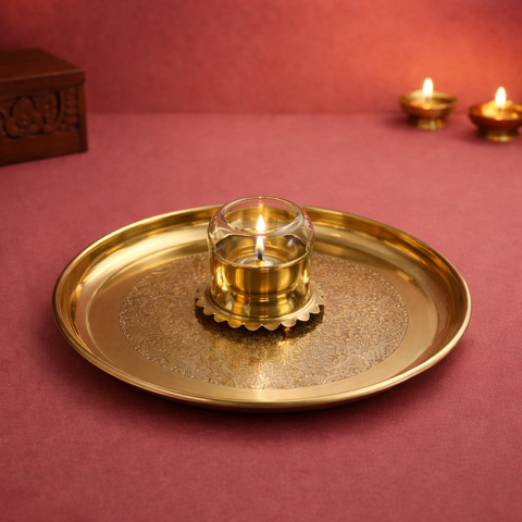Pooja Thali With Akhand Diya | Brass Material | Golden | Pooja Essentials | 11.2 Inch