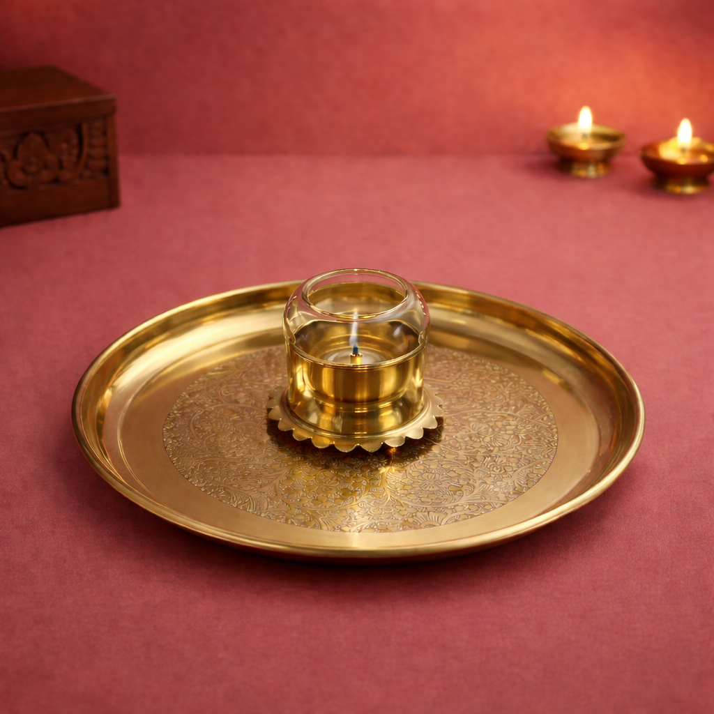 Pooja Thali With Akhand Diya | Brass Material | Golden | Pooja Essentials | 11.2 Inch