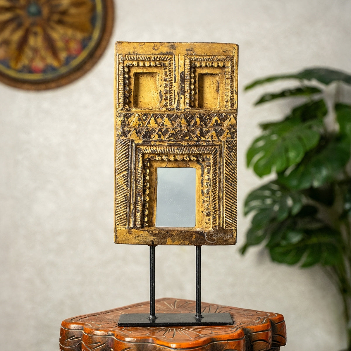 Wooden Mehrab Frame with Mirror - Jharokha on Iron Stand (Yellow)
