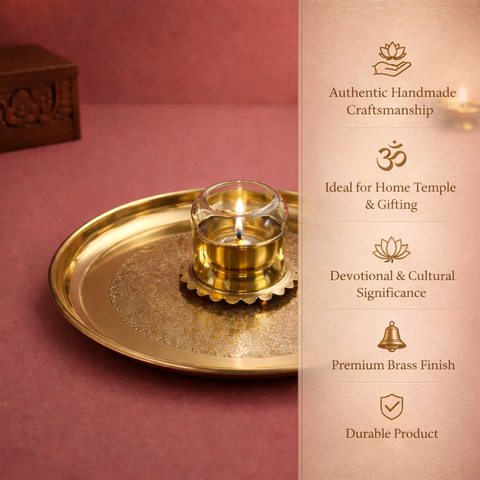 Pooja Thali With Akhand Diya | Brass Material | Golden | Pooja Essentials | 11.2 Inch