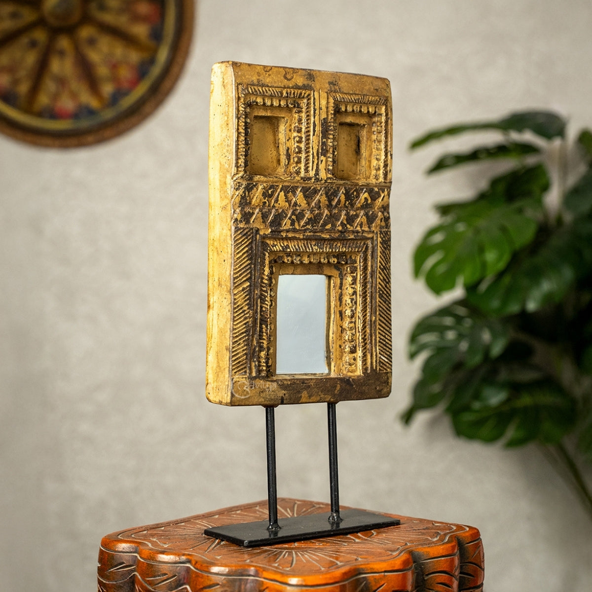 Wooden Mehrab Frame with Mirror - Jharokha on Iron Stand (Yellow)