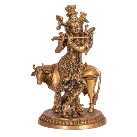 Brass Lord Krishna with Cow Figurine