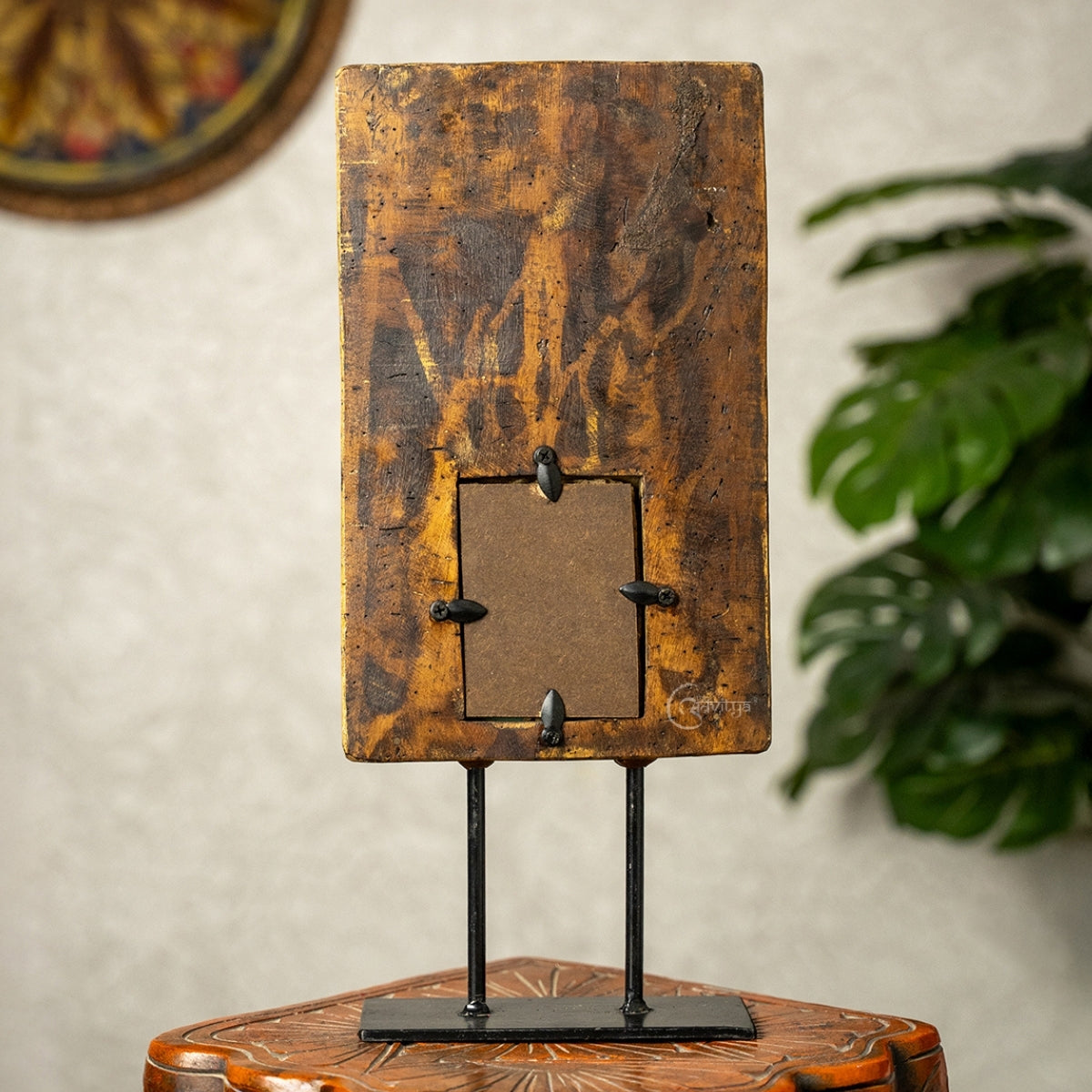 Wooden Mehrab Frame with Mirror - Jharokha on Iron Stand (Yellow)
