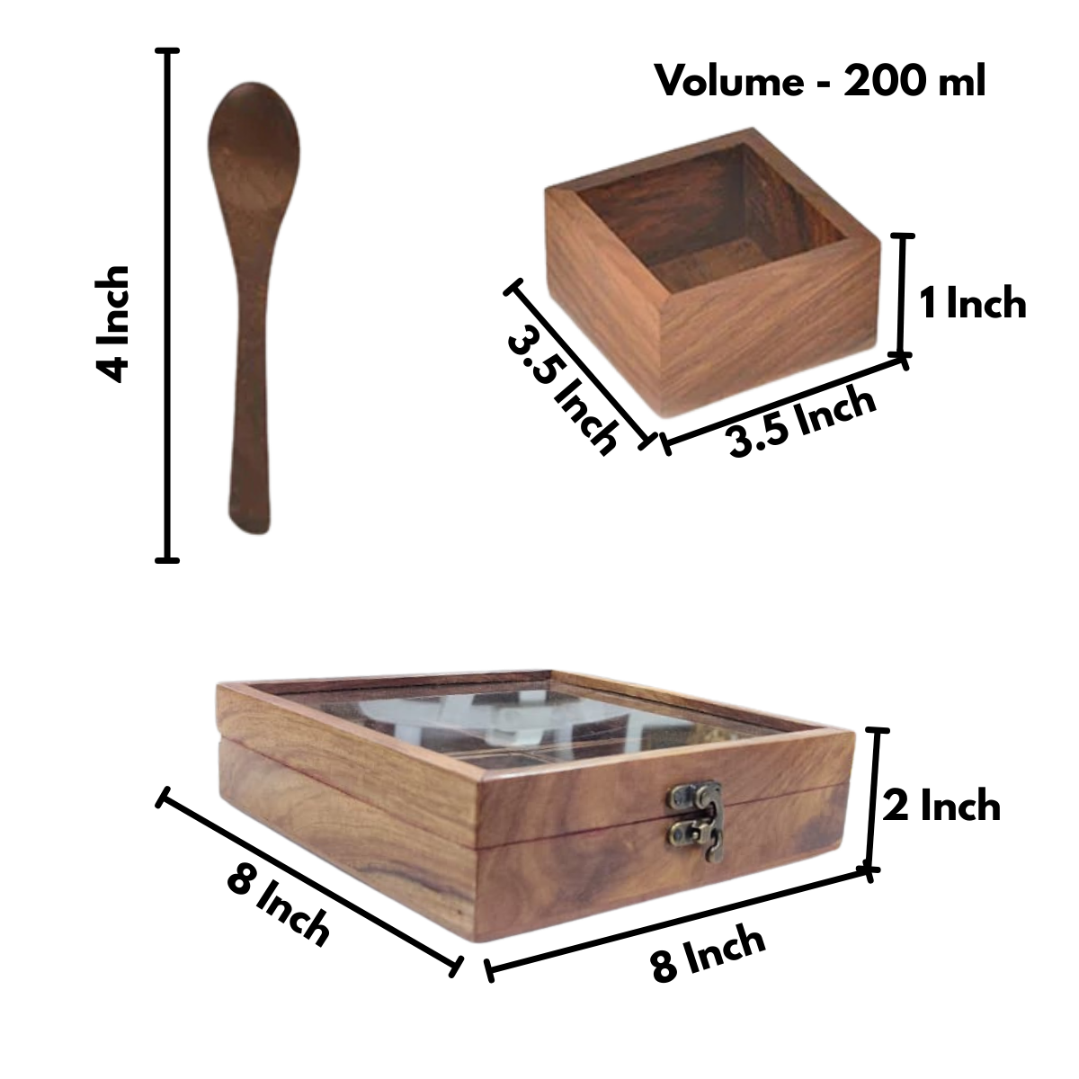 Square Wooden Masala Box With Spoon | 4-Section Spice Organizer | 8 Inch