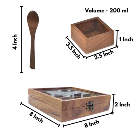 Square Wooden Masala Box With Spoon | 4-Section Spice Organizer | 8 Inch